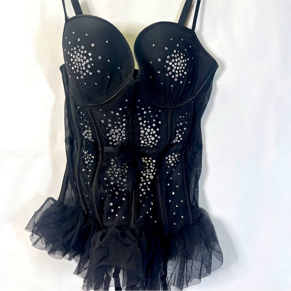 Victoria's Secret Rhinestone Black Ruffle Bling Bra Garter Teddy Size 36D